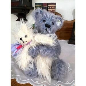 Knickerbocker Toy Purple Mohair Bear Holding White Mohair Cat Rare VTG Jointed